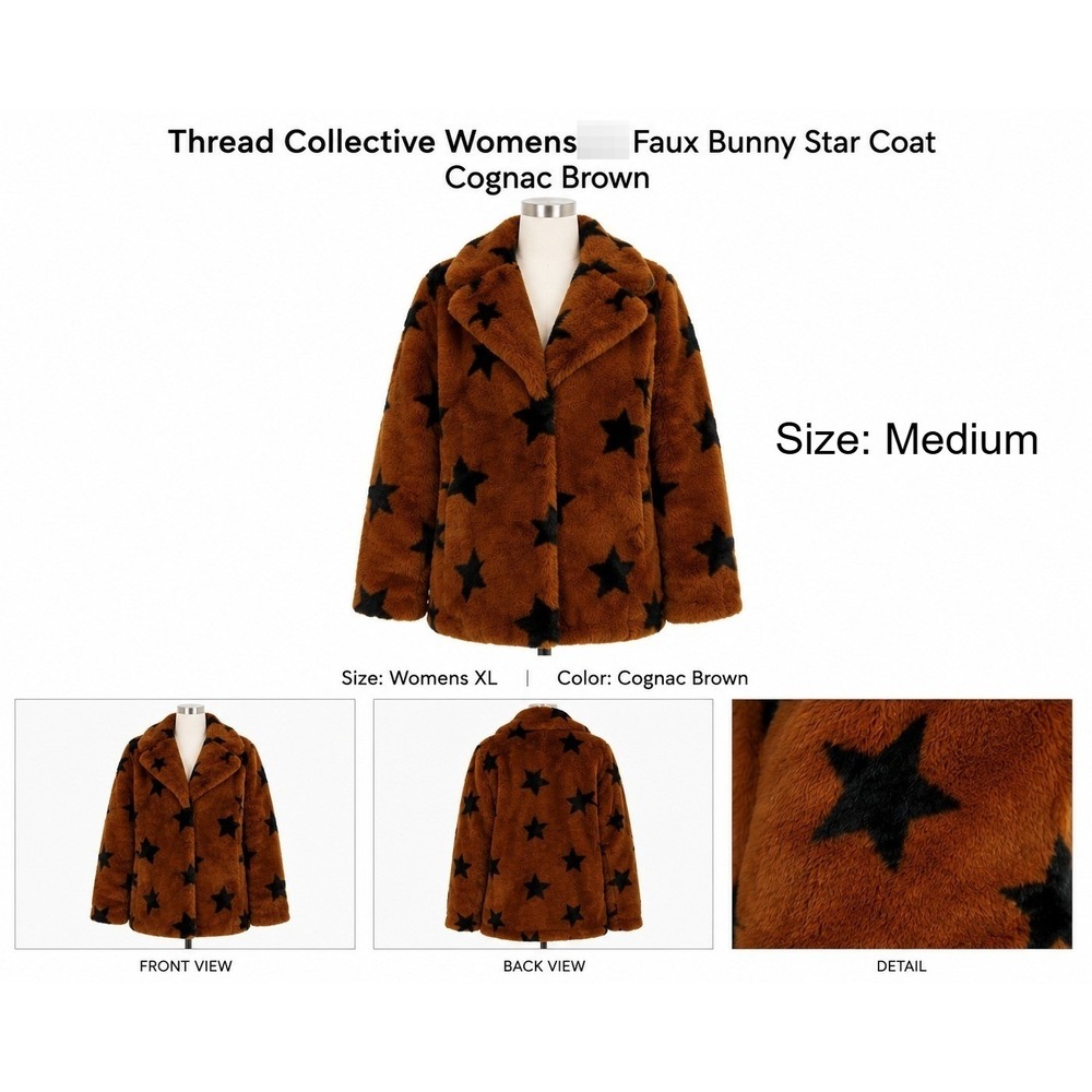 Thread Collective Womens Medium Faux Bunny Star Coat Cognac Brown Black A547057